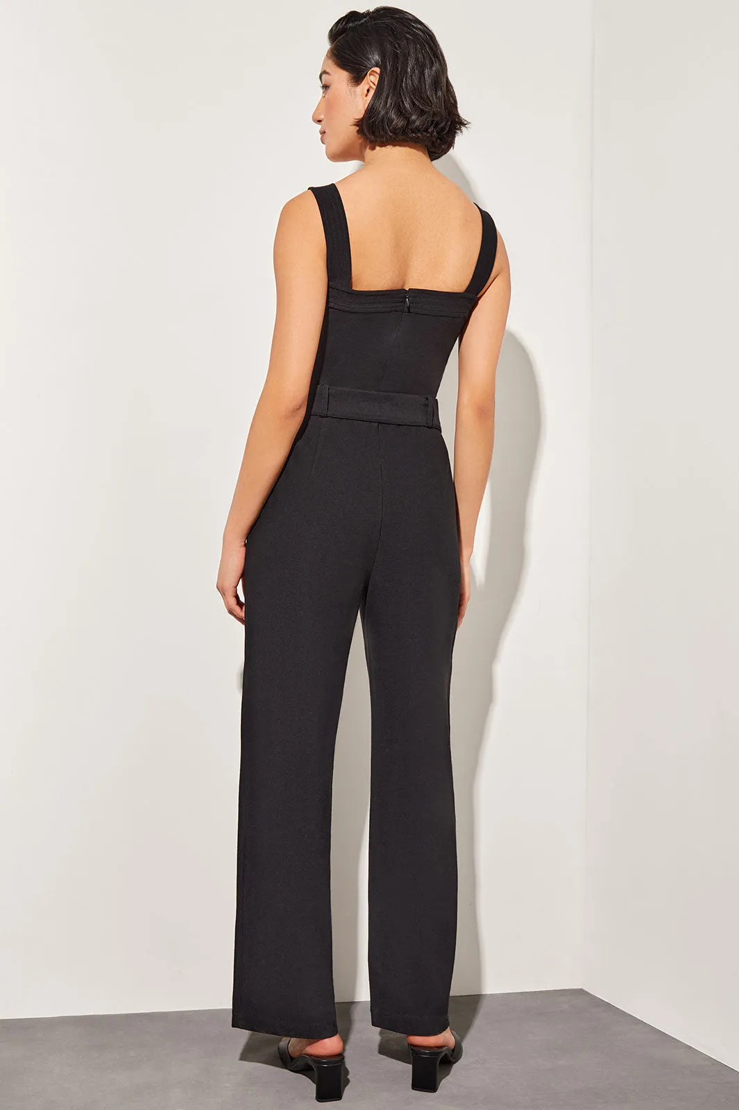 Belted Jumpsuit - Sleeveless Stretch Deco Crepe, Black