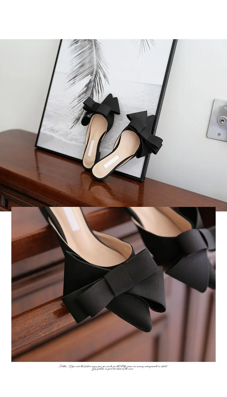 Casaul Fashionable Ladies' Flat Pointed Bow Satin Slippers