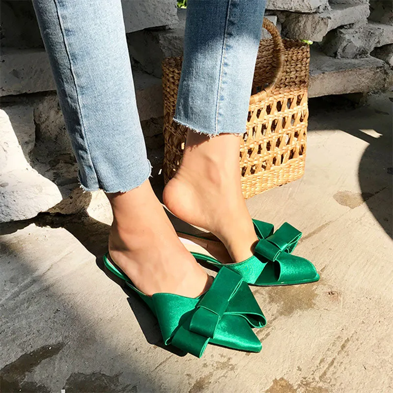 Casaul Fashionable Ladies' Flat Pointed Bow Satin Slippers