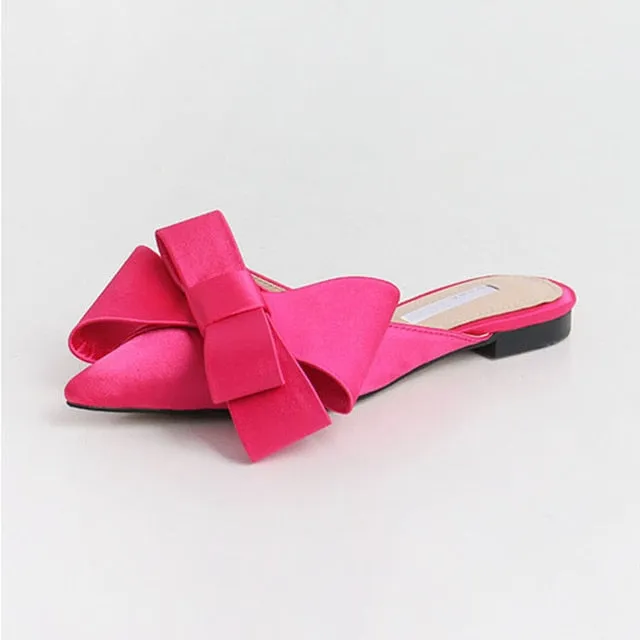 Casaul Fashionable Ladies' Flat Pointed Bow Satin Slippers