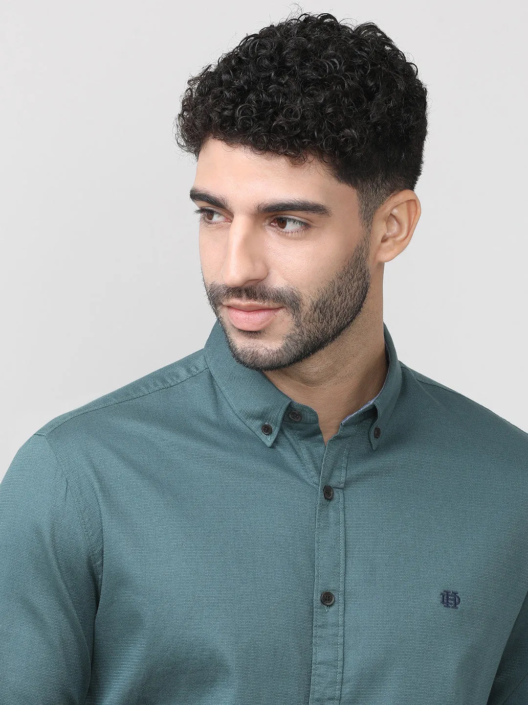 Dark Slate Dobby Lycra Plain Shirt With Button Down Collar