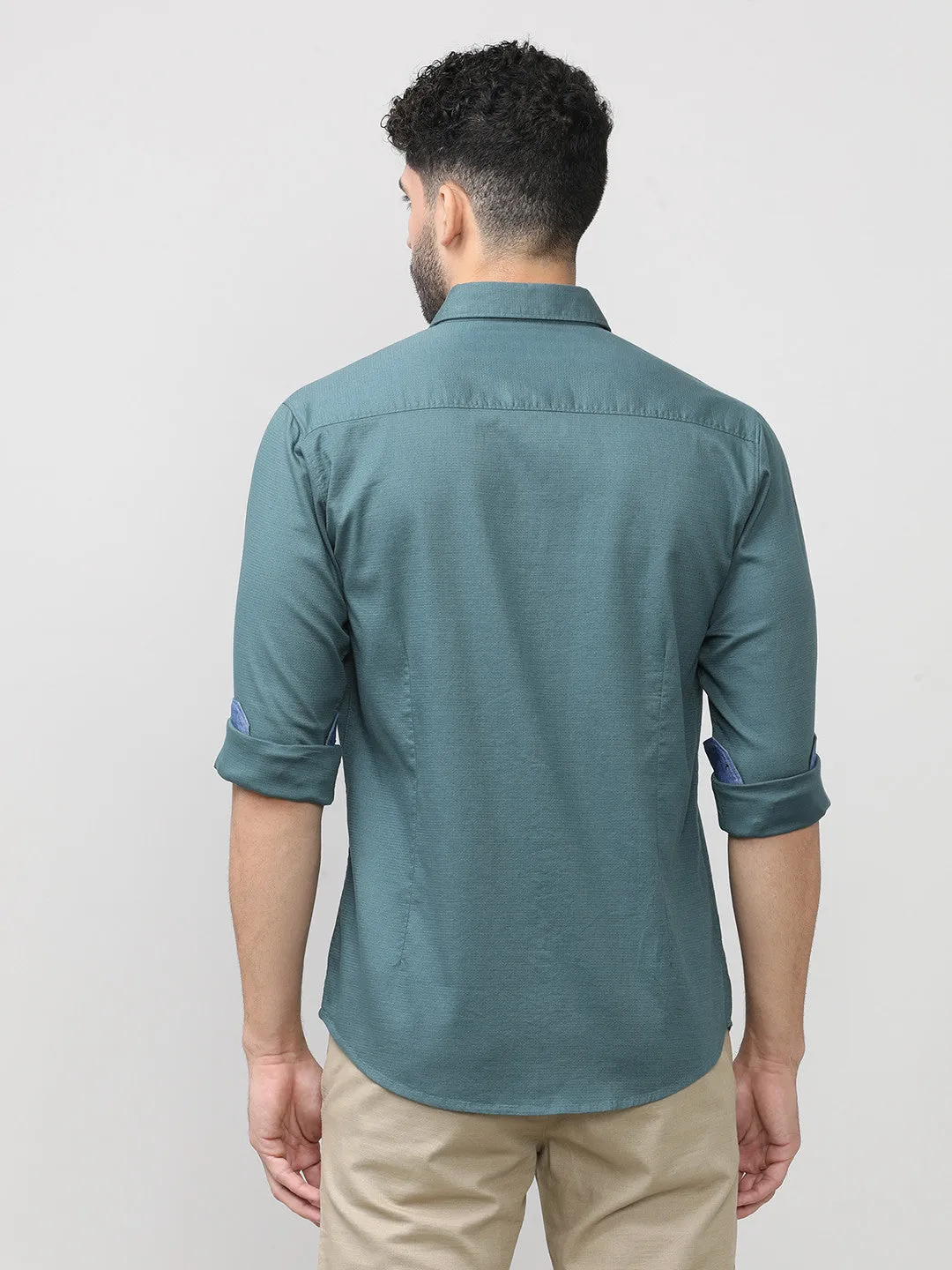 Dark Slate Dobby Lycra Plain Shirt With Button Down Collar