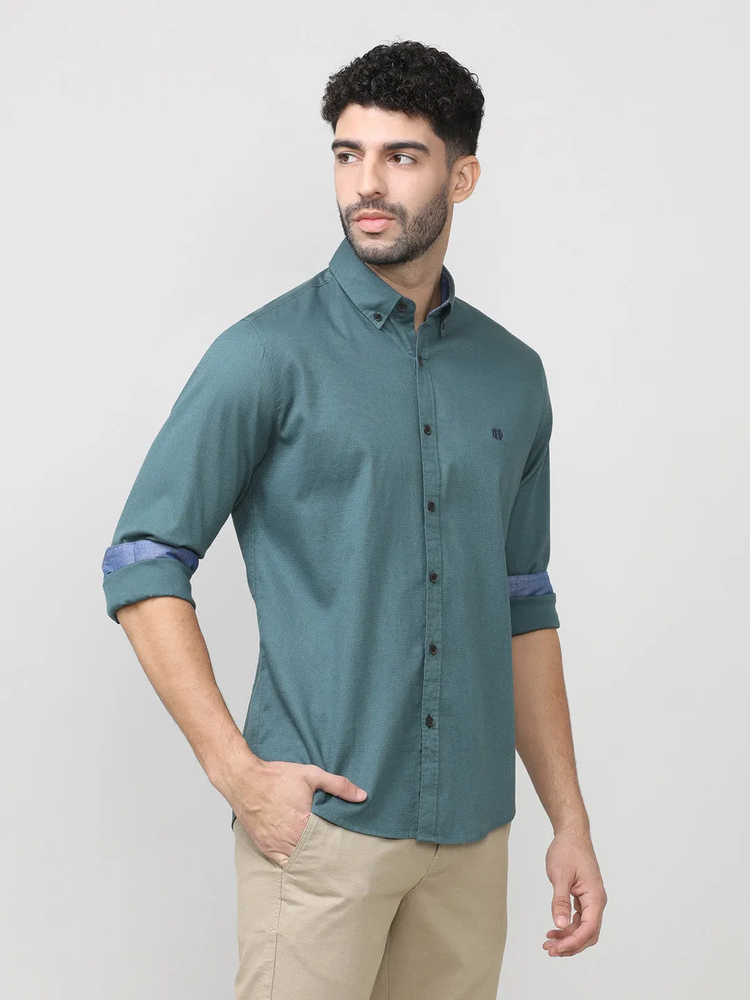 Dark Slate Dobby Lycra Plain Shirt With Button Down Collar