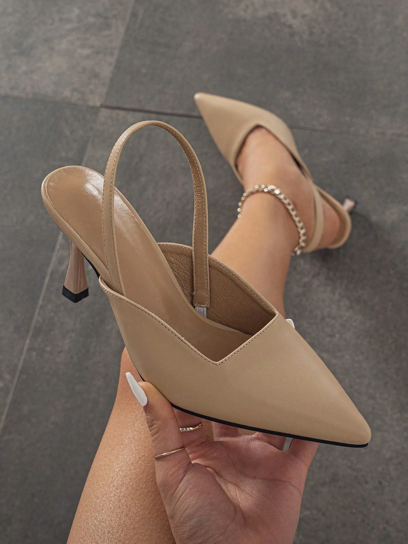 Fashionable Pointed Toe, Shallow Mouth, Thin Heel, Back Strap Women's Elegant Party High Heels With Khaki Patent Leather And Open Heel Design For Spring And Summer