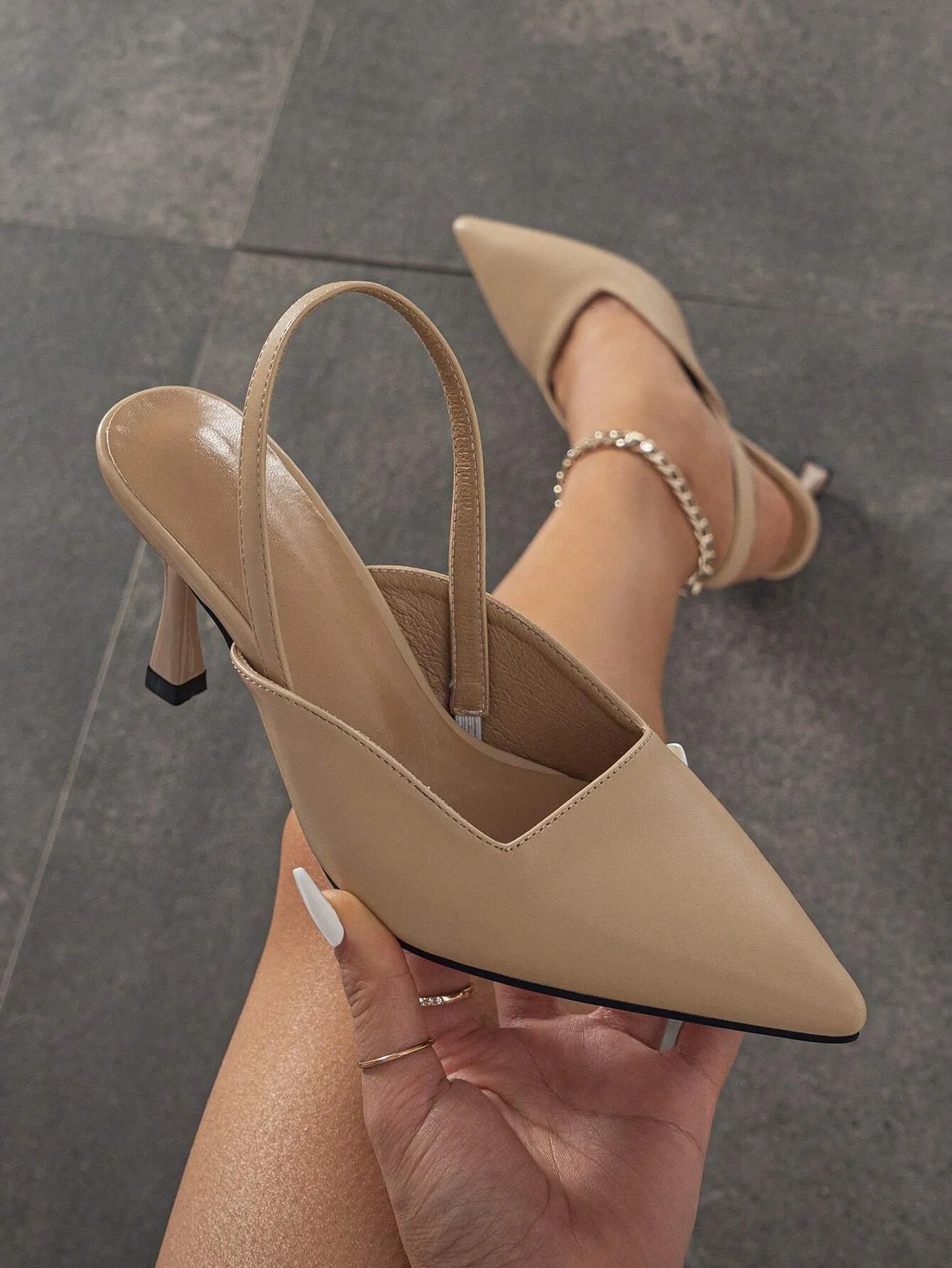 Fashionable Pointed Toe, Shallow Mouth, Thin Heel, Back Strap Women's Elegant Party High Heels With Khaki Patent Leather And Open Heel Design For Spring And Summer