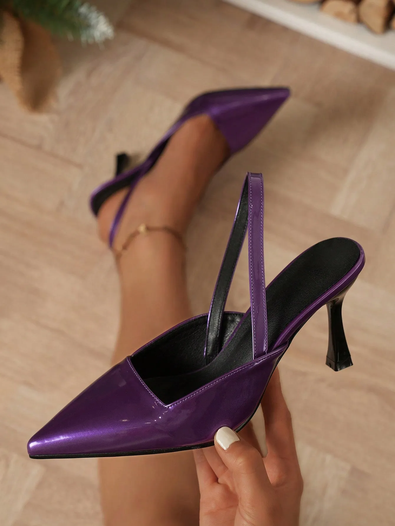 Fashionable Pointed Toe, Shallow Mouth, Thin Heel, Back Strap Women's Elegant Party High Heels With Khaki Patent Leather And Open Heel Design For Spring And Summer