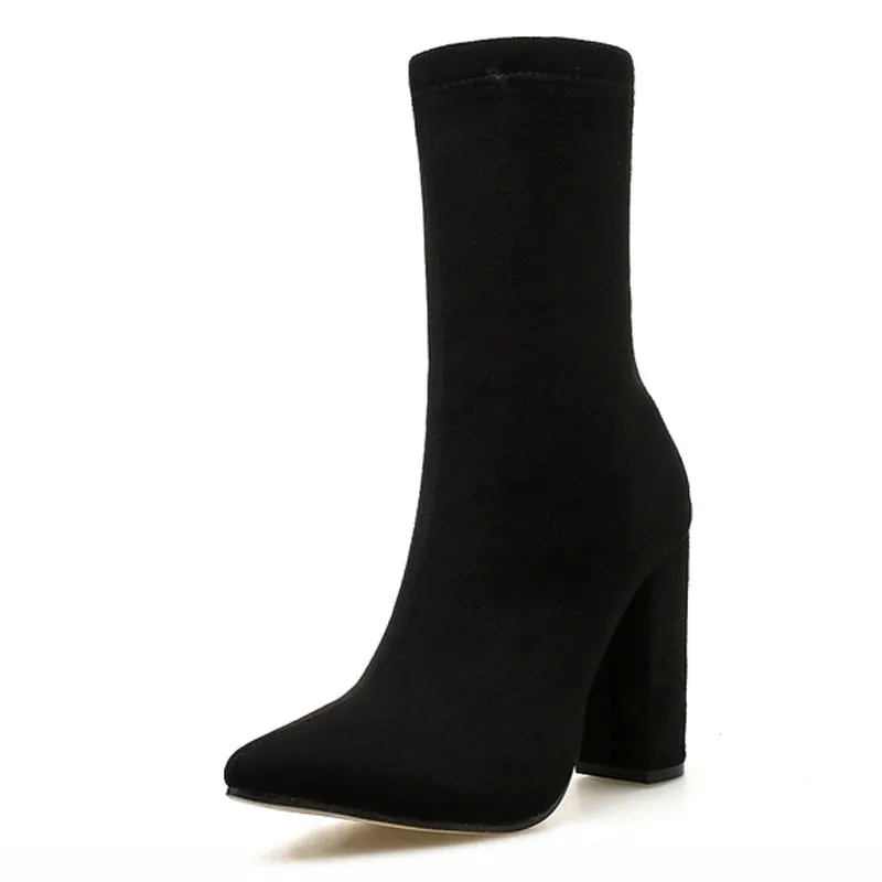Flock Ankle Boots Pointed Toe Heel Zipper Chelsea Boots