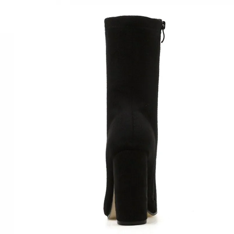 Flock Ankle Boots Pointed Toe Heel Zipper Chelsea Boots
