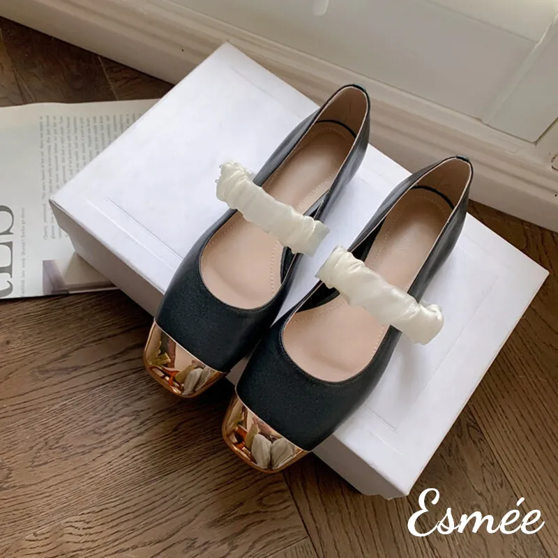 Leather Mary Janes with Golden Toe Cap and Ribbon Design