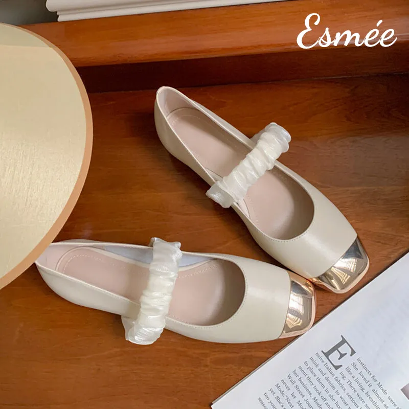 Leather Mary Janes with Golden Toe Cap and Ribbon Design