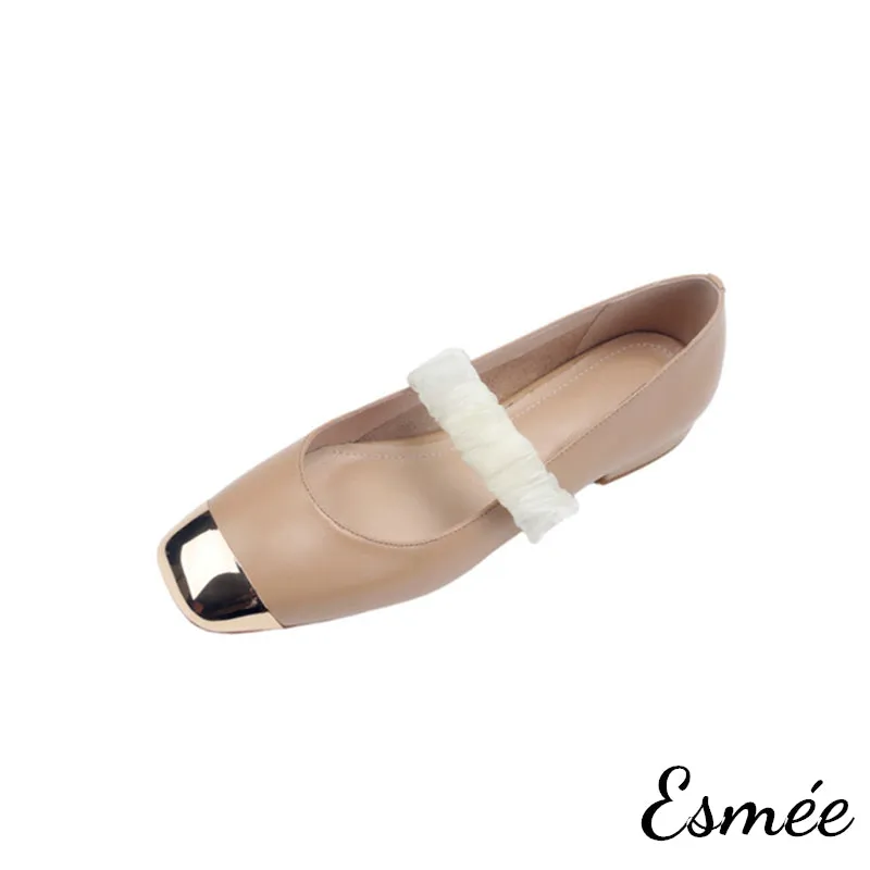 Leather Mary Janes with Golden Toe Cap and Ribbon Design