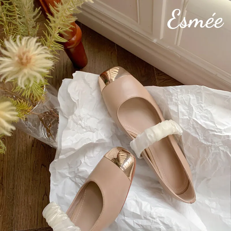 Leather Mary Janes with Golden Toe Cap and Ribbon Design