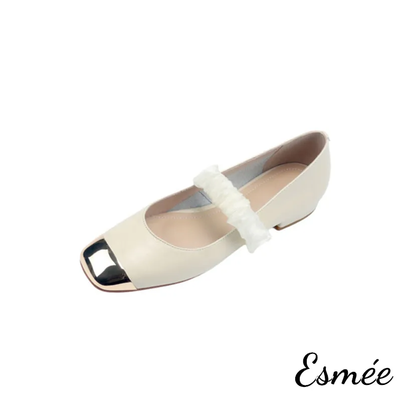 Leather Mary Janes with Golden Toe Cap and Ribbon Design