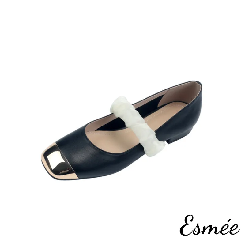 Leather Mary Janes with Golden Toe Cap and Ribbon Design