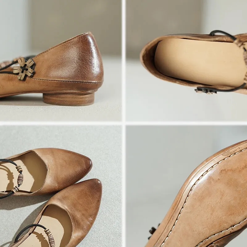Mary Jane Shoes For Women Handmade Soft Leather Flats Retro Shoes Brown/Black/Apricot
