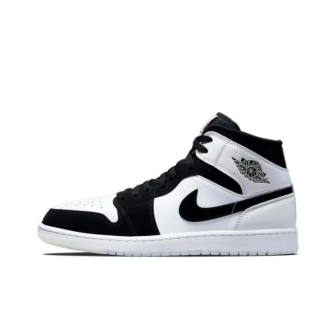 Nike Air Jordan 1 MID Comfortable and Breathable Mens Basketball Shoes Anti-skid Wearable Sneakers White Black Colorway