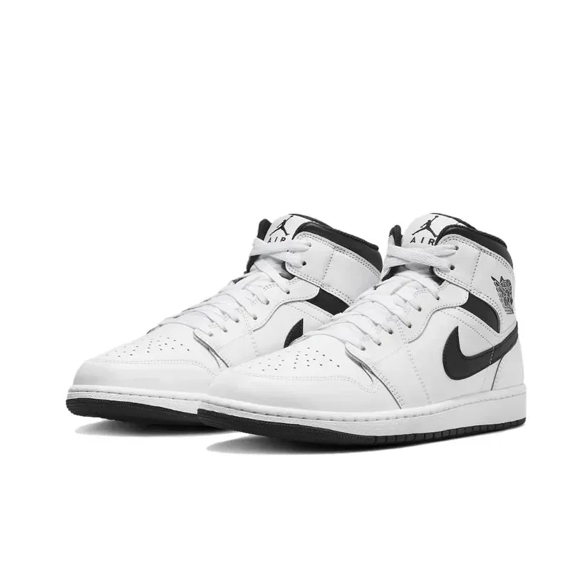 Nike Air Jordan 1 MID Comfortable and Breathable Mens Basketball Shoes Anti-skid Wearable Sneakers White Black Colorway