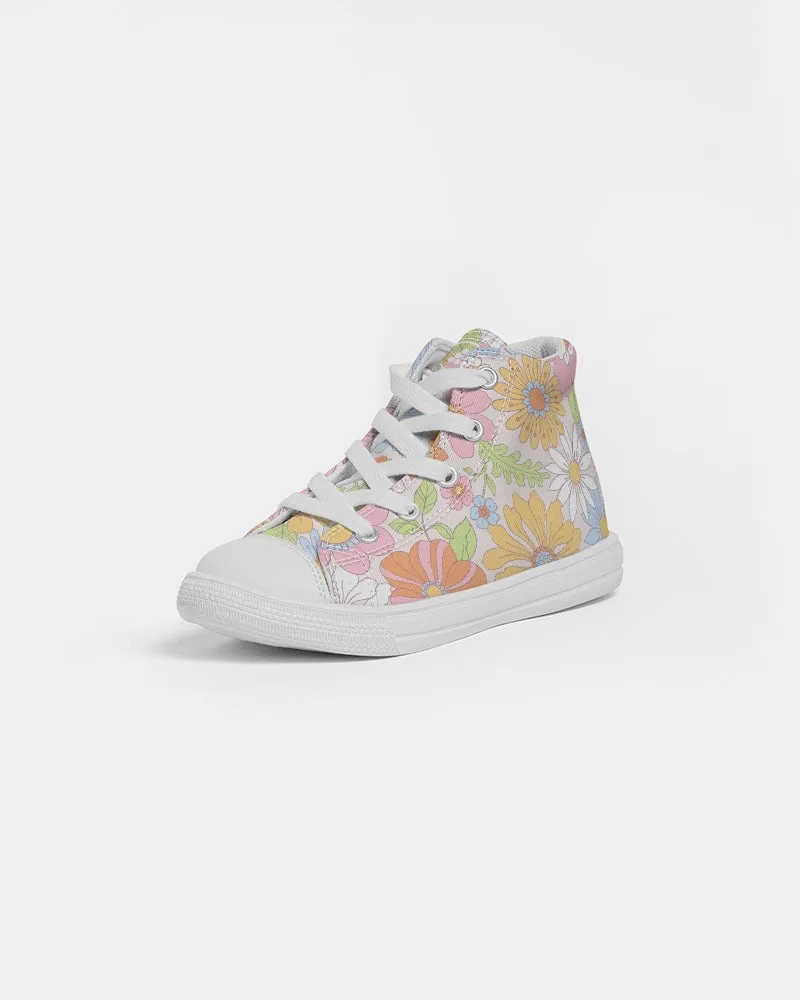 Retro 70s Pastel Daisy Florals Kids Hightop Canvas Shoe