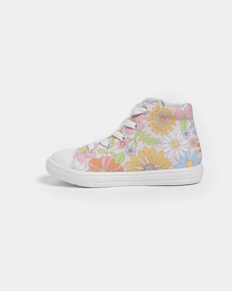 Retro 70s Pastel Daisy Florals Kids Hightop Canvas Shoe