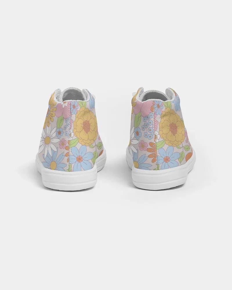 Retro 70s Pastel Daisy Florals Kids Hightop Canvas Shoe