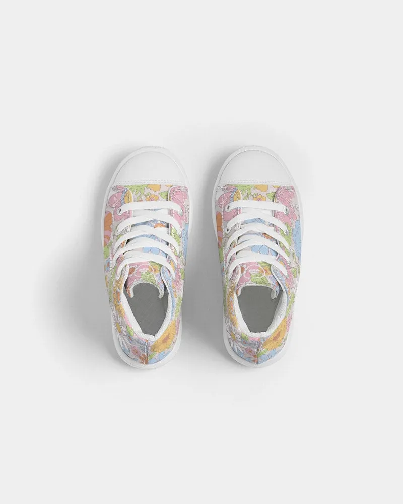 Retro 70s Pastel Daisy Florals Kids Hightop Canvas Shoe