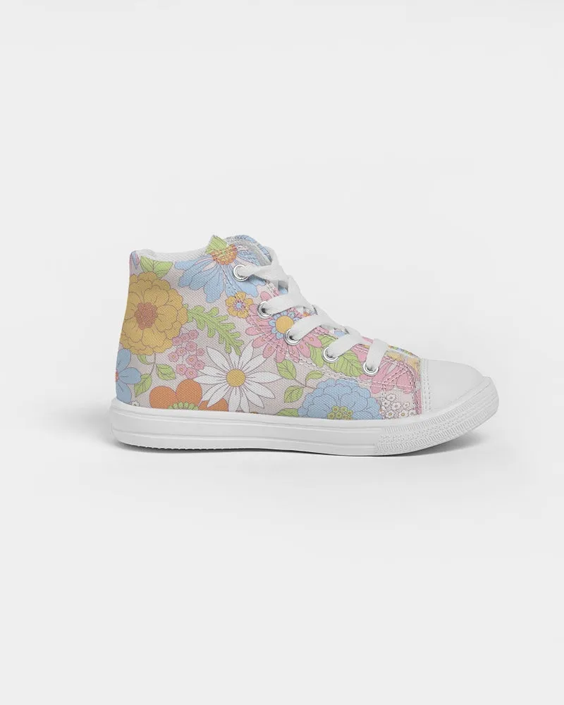 Retro 70s Pastel Daisy Florals Kids Hightop Canvas Shoe