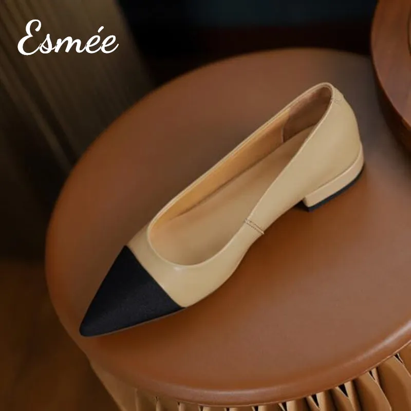 【Size 39 Special Offer】Leather Flats with Black Pointed Toe Cap