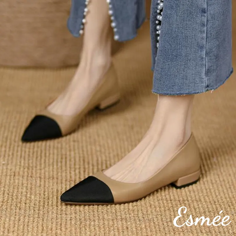 【Size 39 Special Offer】Leather Flats with Black Pointed Toe Cap