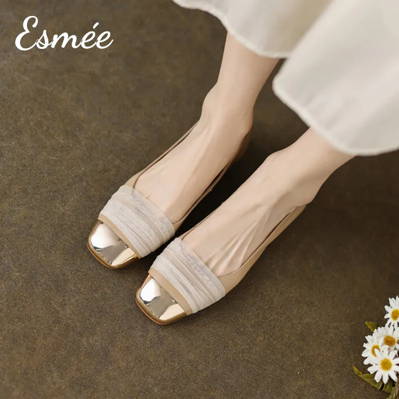 【Size 39 Special Offer】Leather Flats with Gauze Design and Golden Toe Cap