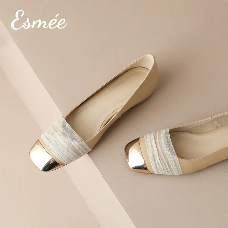 【Size 39 Special Offer】Leather Flats with Gauze Design and Golden Toe Cap