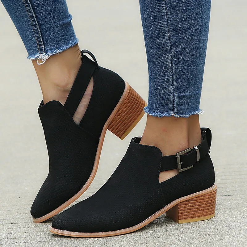 Suede Leather Buckle High Heels Zipper Boots