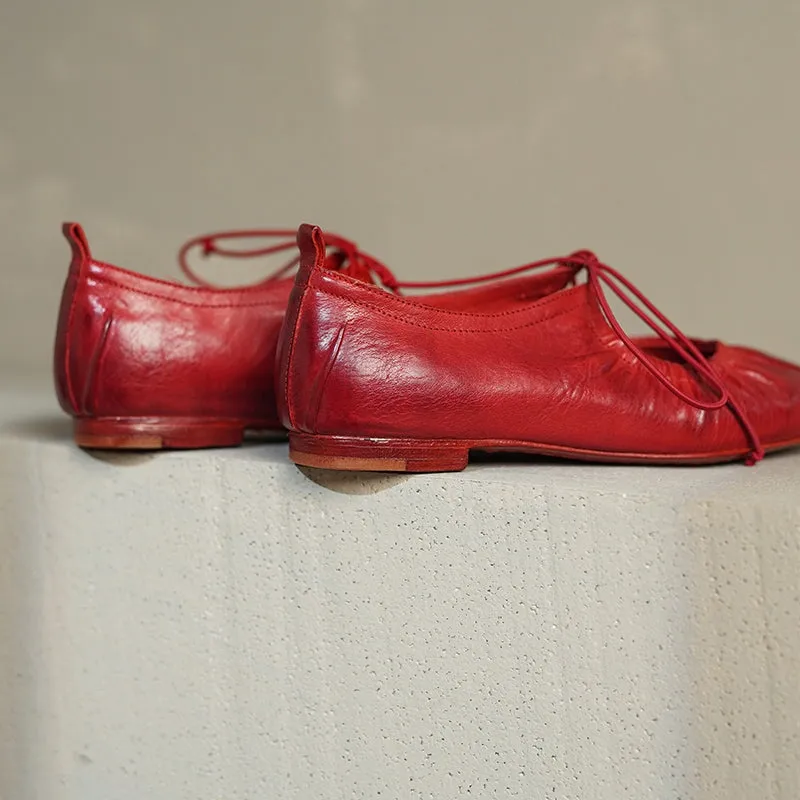 Washed Horse Leather Ballet Flats For Women Cut Out Round Toe in Pink/Red/Black/Purple