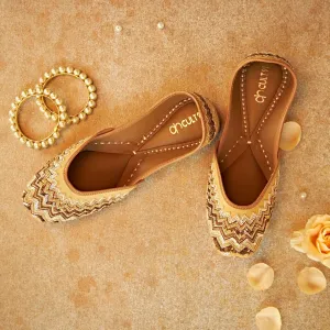 Women Golden Embellished Ethnic Mojaris Flats