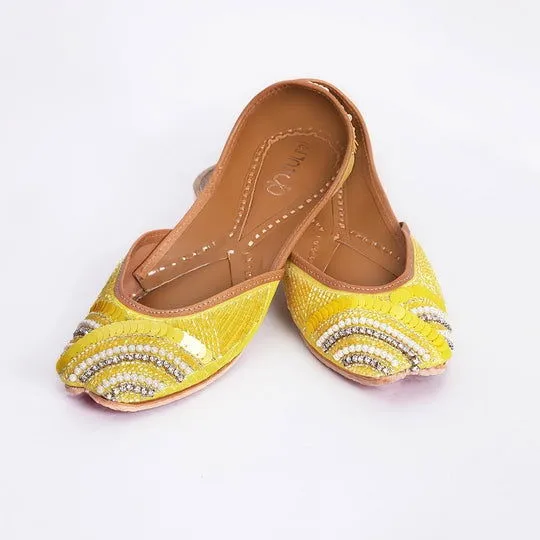 Women Lemon Yellow Embellished Ethnic Mojaris Flats