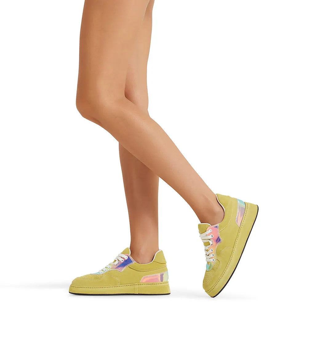 Yellow velour and multicolor patent leather sneakers